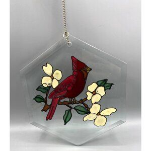 Cardinal Stained Glass Hexagon Sun Catcher With Chain Hanging Display